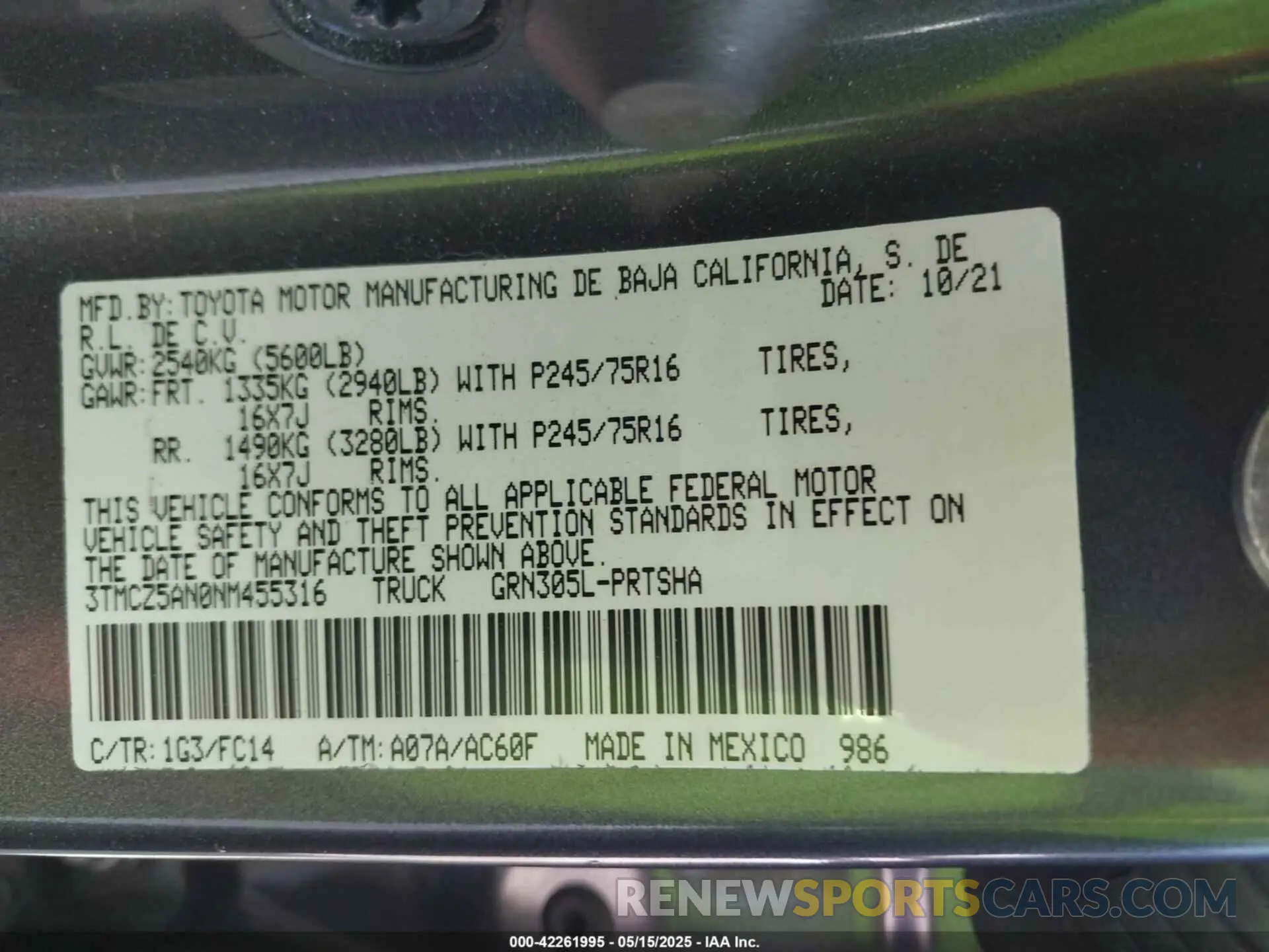 9 Фотография поврежденного автомобиля 3TMCZ5AN0NM455316 TOYOTA TACOMA 2022
