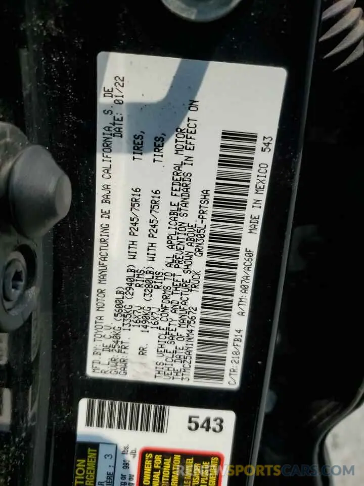 12 Photograph of a damaged car 3TMCZ5AN1NM475672 TOYOTA TACOMA 2022