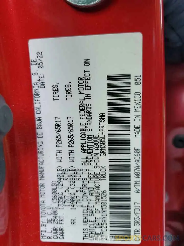 12 Фотография поврежденного автомобиля 3TMCZ5AN1NM501526 TOYOTA TACOMA 2022