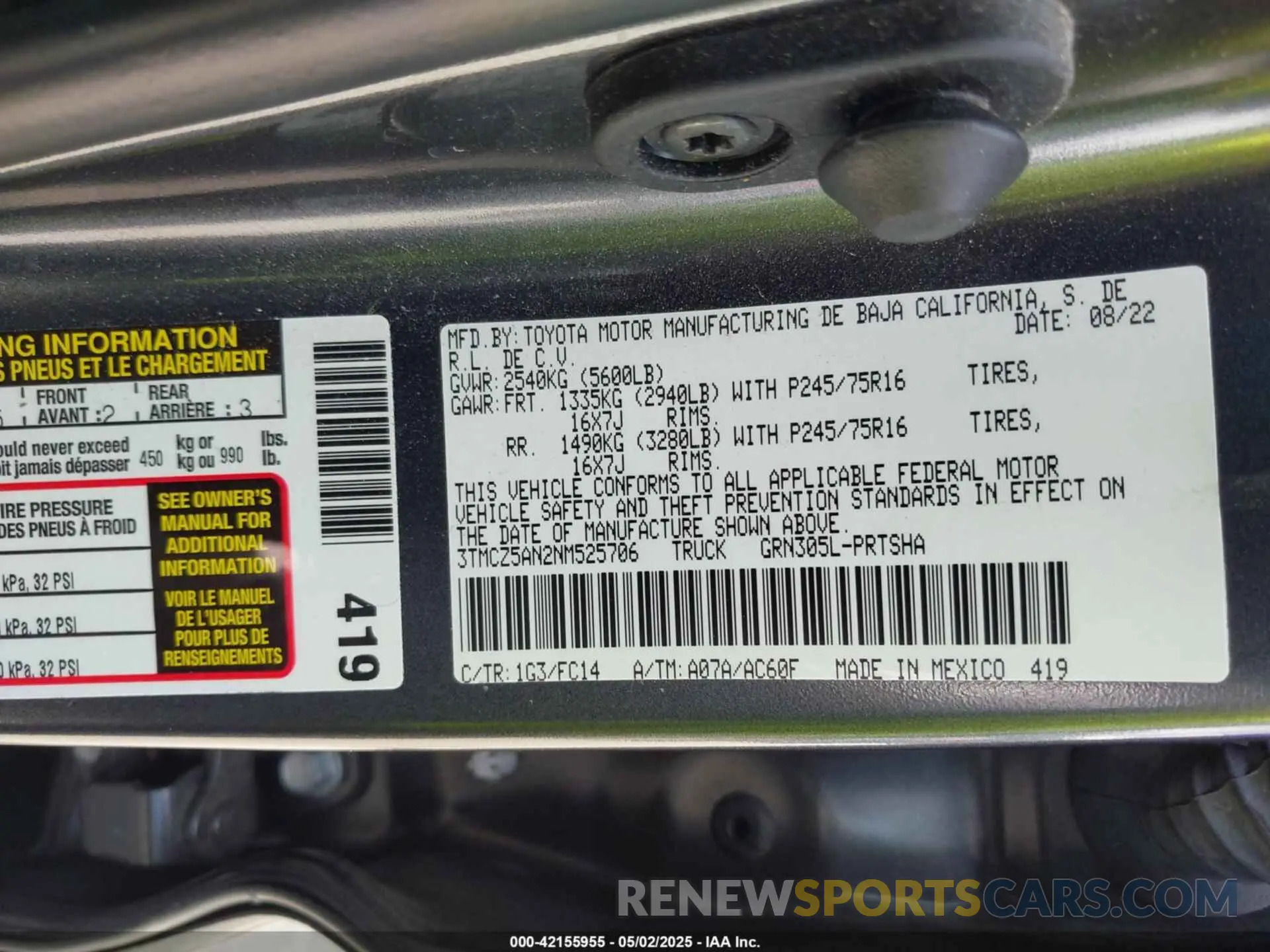 9 Фотография поврежденного автомобиля 3TMCZ5AN2NM525706 TOYOTA TACOMA 2022