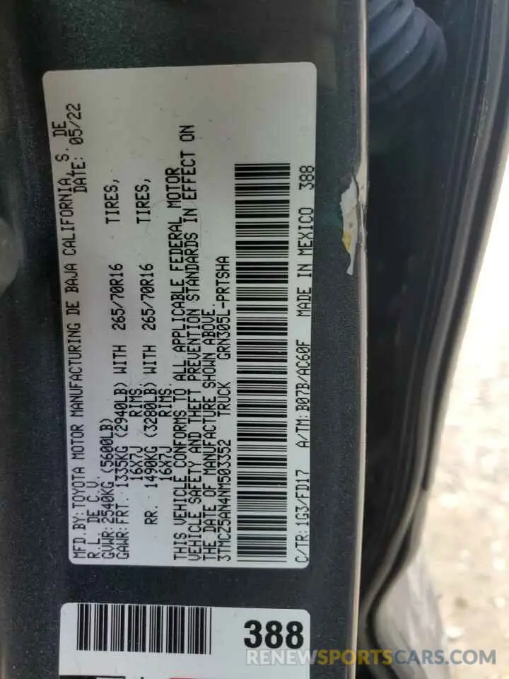 15 Фотография поврежденного автомобиля 3TMCZ5AN4NM503352 TOYOTA TACOMA 2022