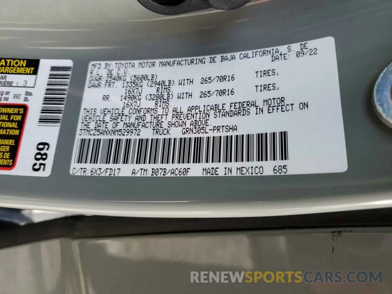 13 Фотография поврежденного автомобиля 3TMCZ5ANXNM529972 TOYOTA TACOMA 2022