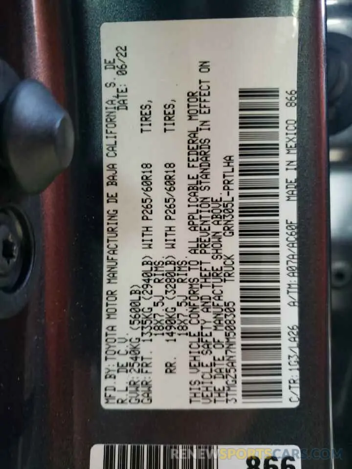 10 Photograph of a damaged car 3TMGZ5AN7NM508305 TOYOTA TACOMA 2022