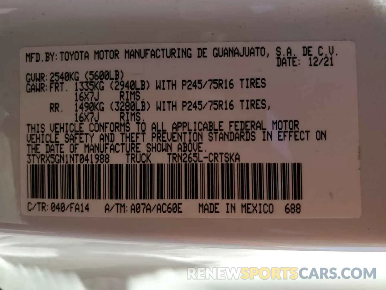 12 Фотография поврежденного автомобиля 3TYRX5GN1NT041988 TOYOTA TACOMA 2022