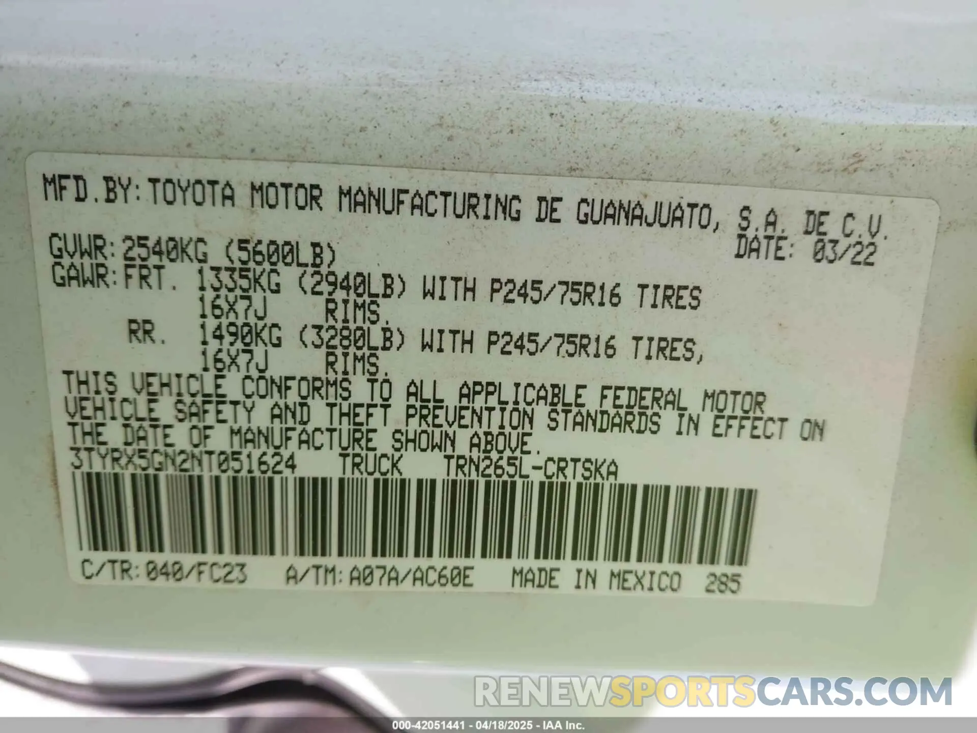 9 Photograph of a damaged car 3TYRX5GN2NT051624 TOYOTA TACOMA 2022