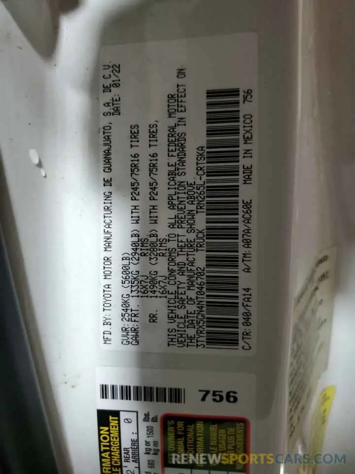 13 Фотография поврежденного автомобиля 3TYRX5GN4NT046702 TOYOTA TACOMA 2022