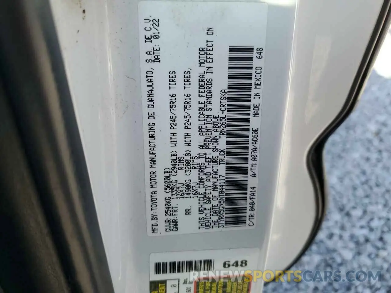 12 Фотография поврежденного автомобиля 3TYRX5GN5NT044117 TOYOTA TACOMA 2022