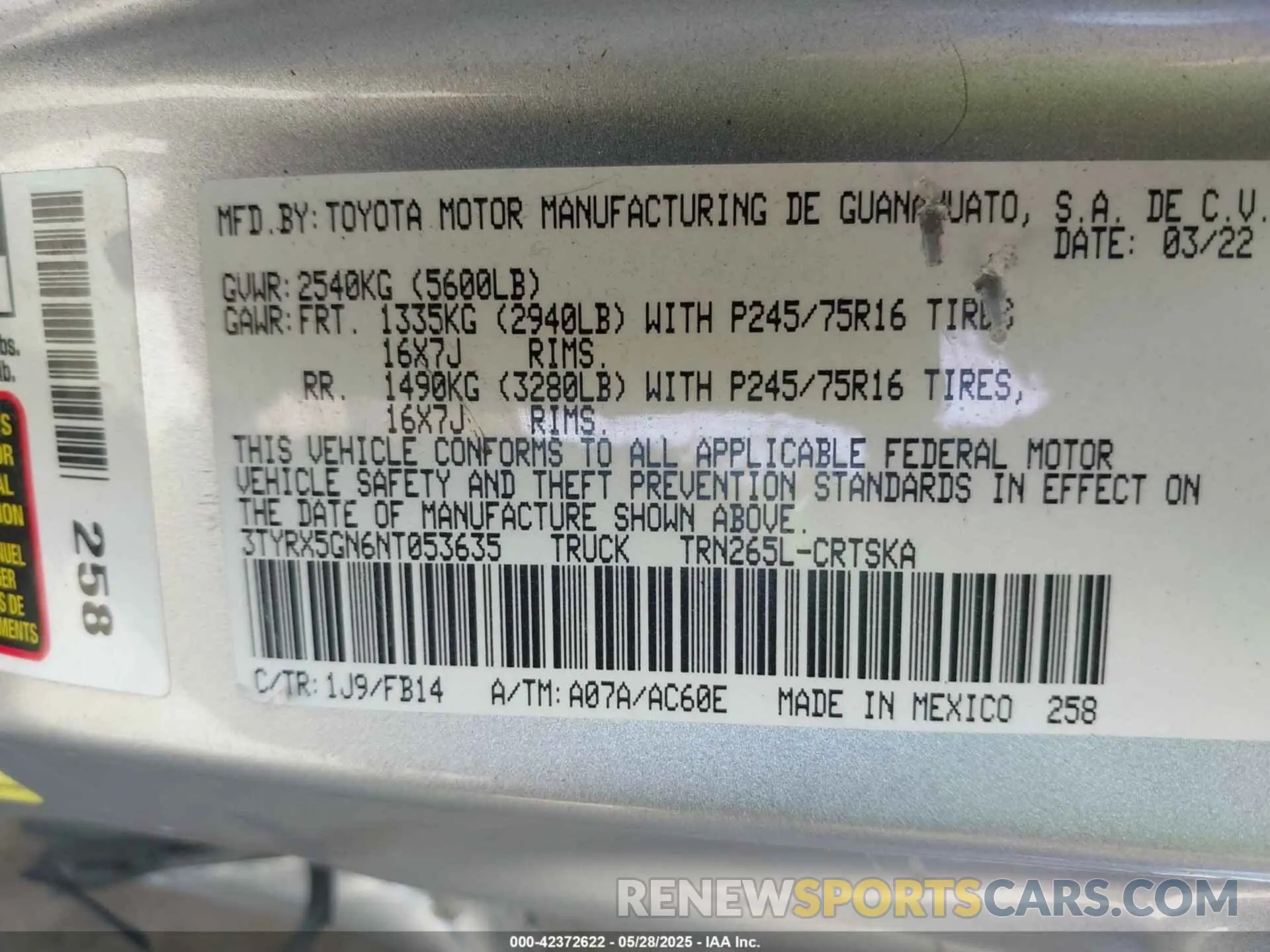 9 Фотография поврежденного автомобиля 3TYRX5GN6NT053635 TOYOTA TACOMA 2022