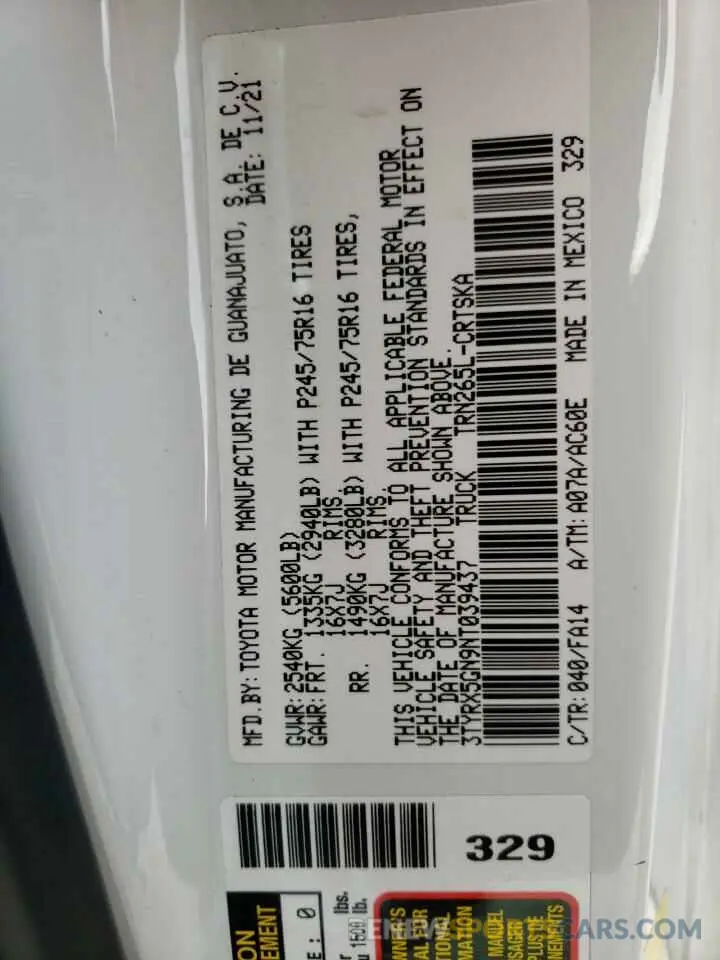 10 Фотография поврежденного автомобиля 3TYRX5GN9NT039437 TOYOTA TACOMA 2022