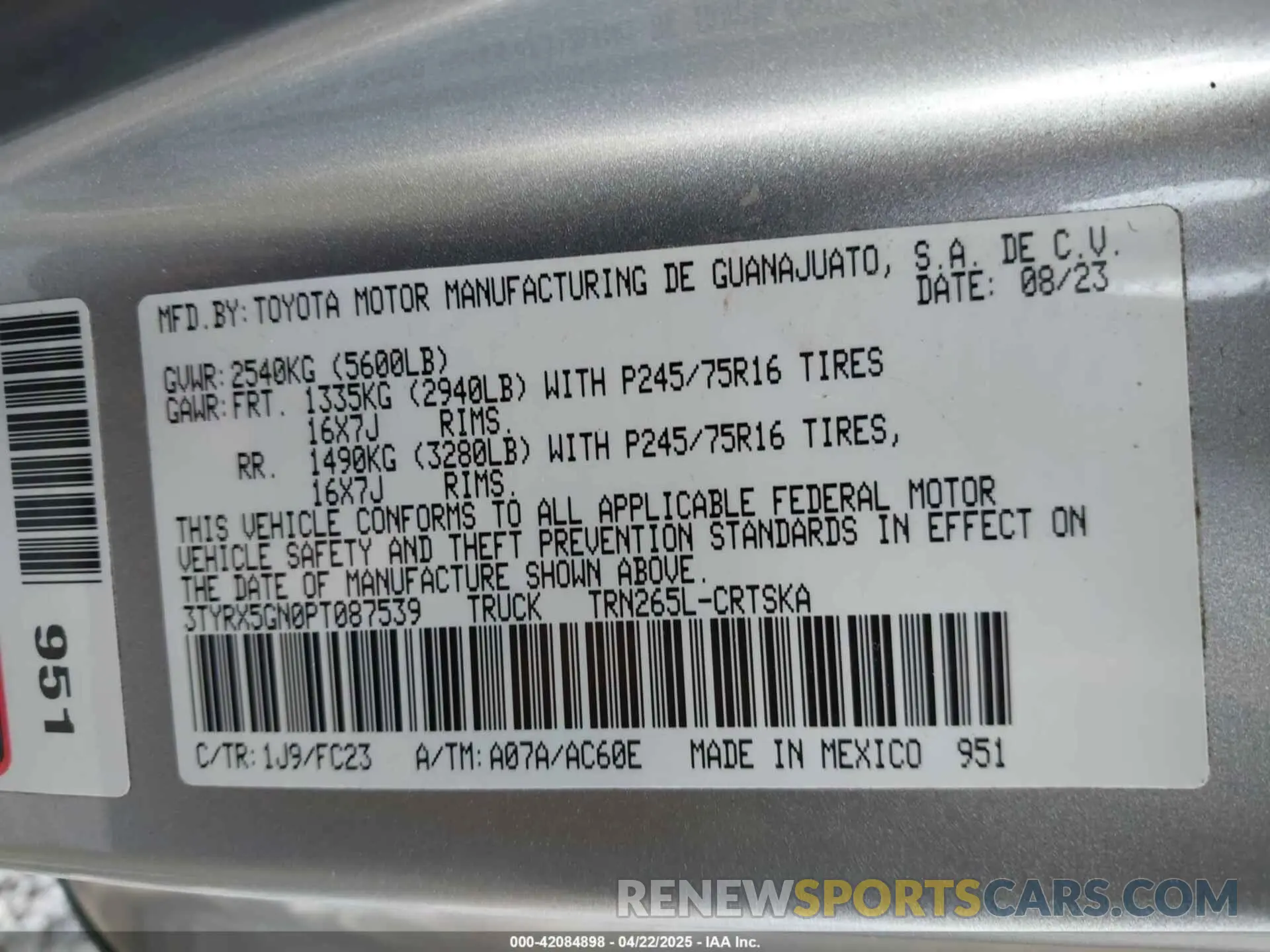 9 Фотография поврежденного автомобиля 3TYRX5GN0PT087539 TOYOTA TACOMA 2023