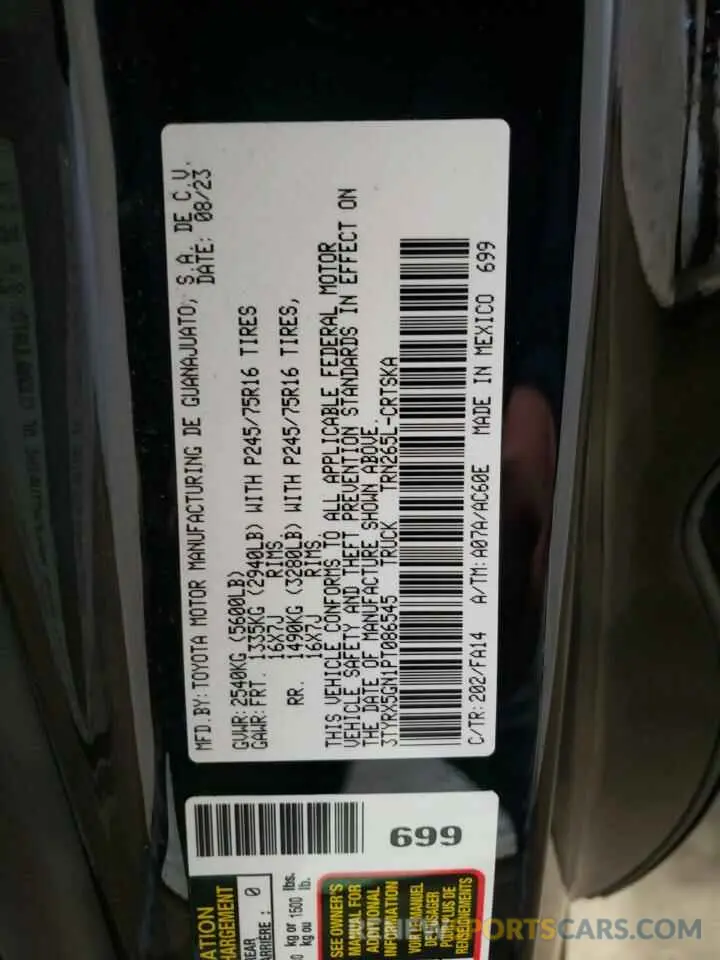 12 Фотография поврежденного автомобиля 3TYRX5GN1PT086545 TOYOTA TACOMA 2023
