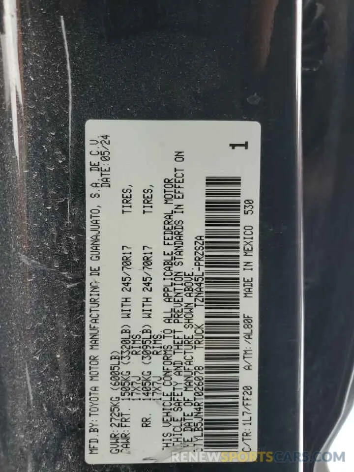 12 Фотография поврежденного автомобиля 3TYLB5JN4RT026078 TOYOTA TACOMA 2024