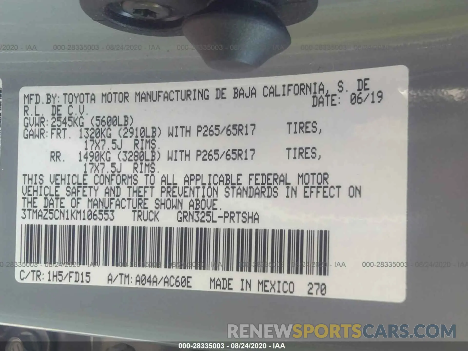 9 Photograph of a damaged car 3TMAZ5CN1KM106553 TOYOTA TACOMA 2WD 2019