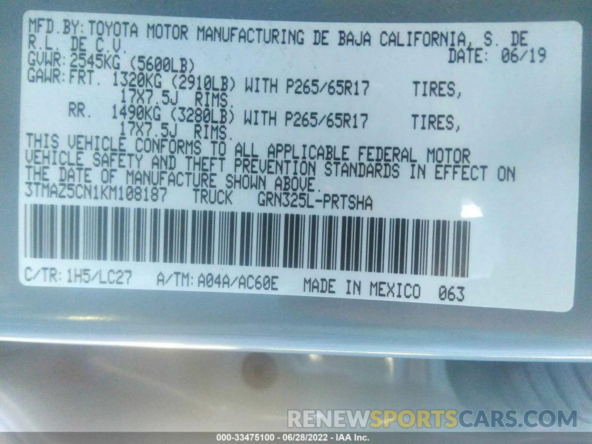 9 Photograph of a damaged car 3TMAZ5CN1KM108187 TOYOTA TACOMA 2WD 2019