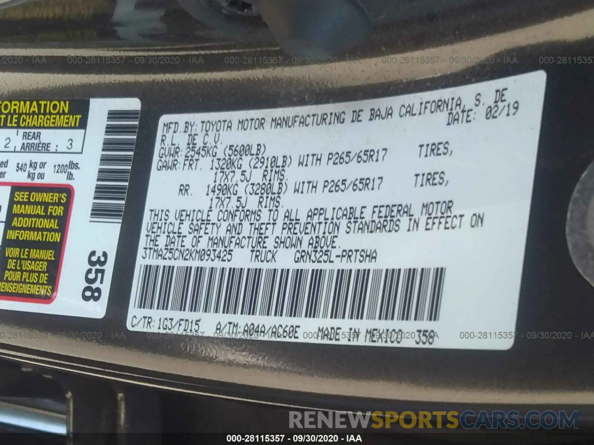 9 Photograph of a damaged car 3TMAZ5CN2KM093425 TOYOTA TACOMA 2WD 2019