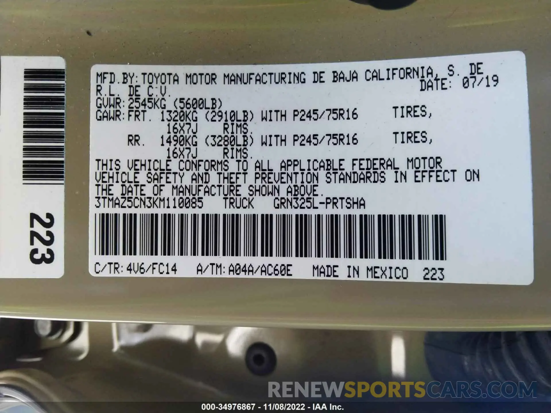9 Фотография поврежденного автомобиля 3TMAZ5CN3KM110085 TOYOTA TACOMA 2WD 2019