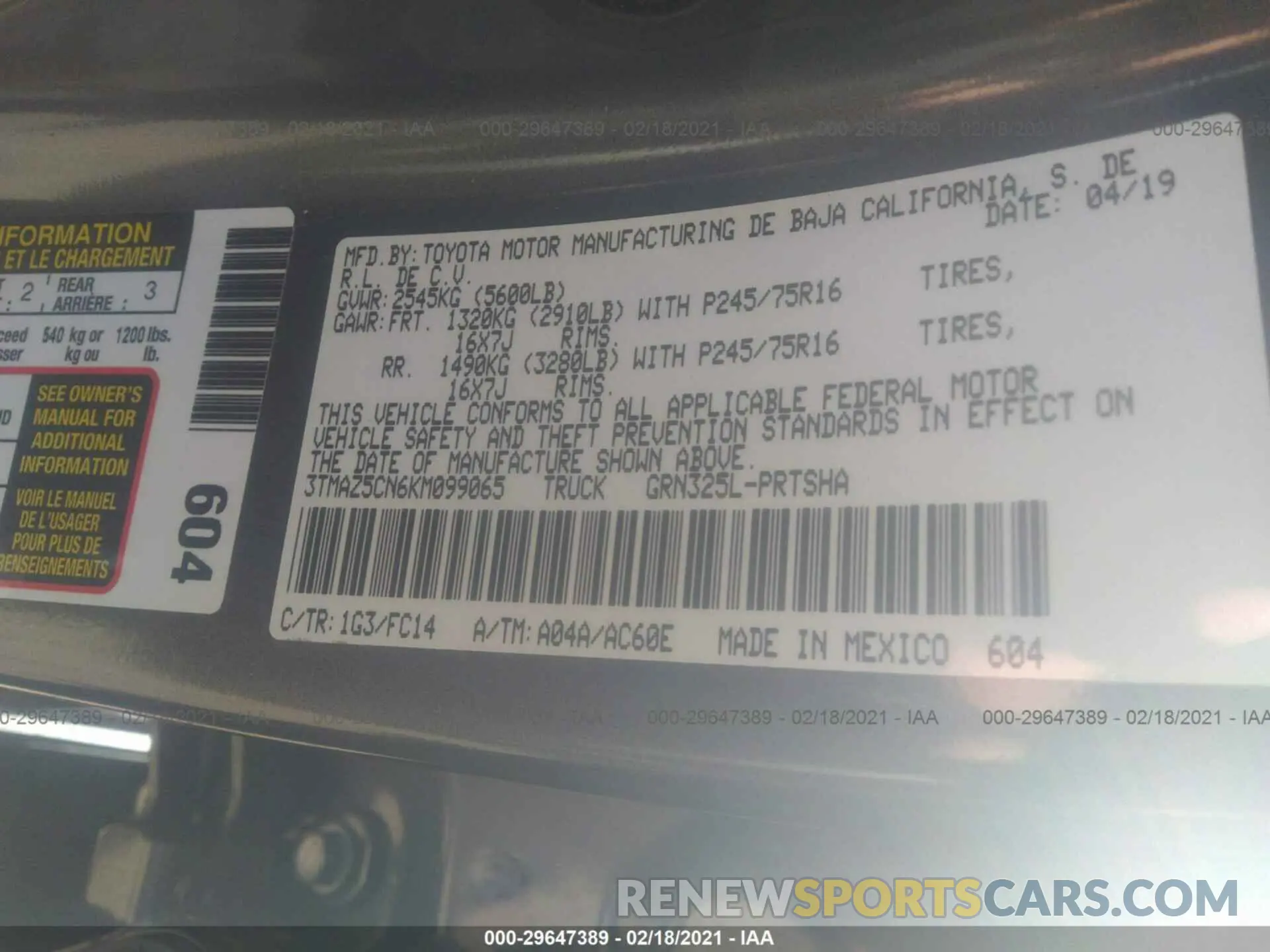 9 Photograph of a damaged car 3TMAZ5CN6KM099065 TOYOTA TACOMA 2WD 2019