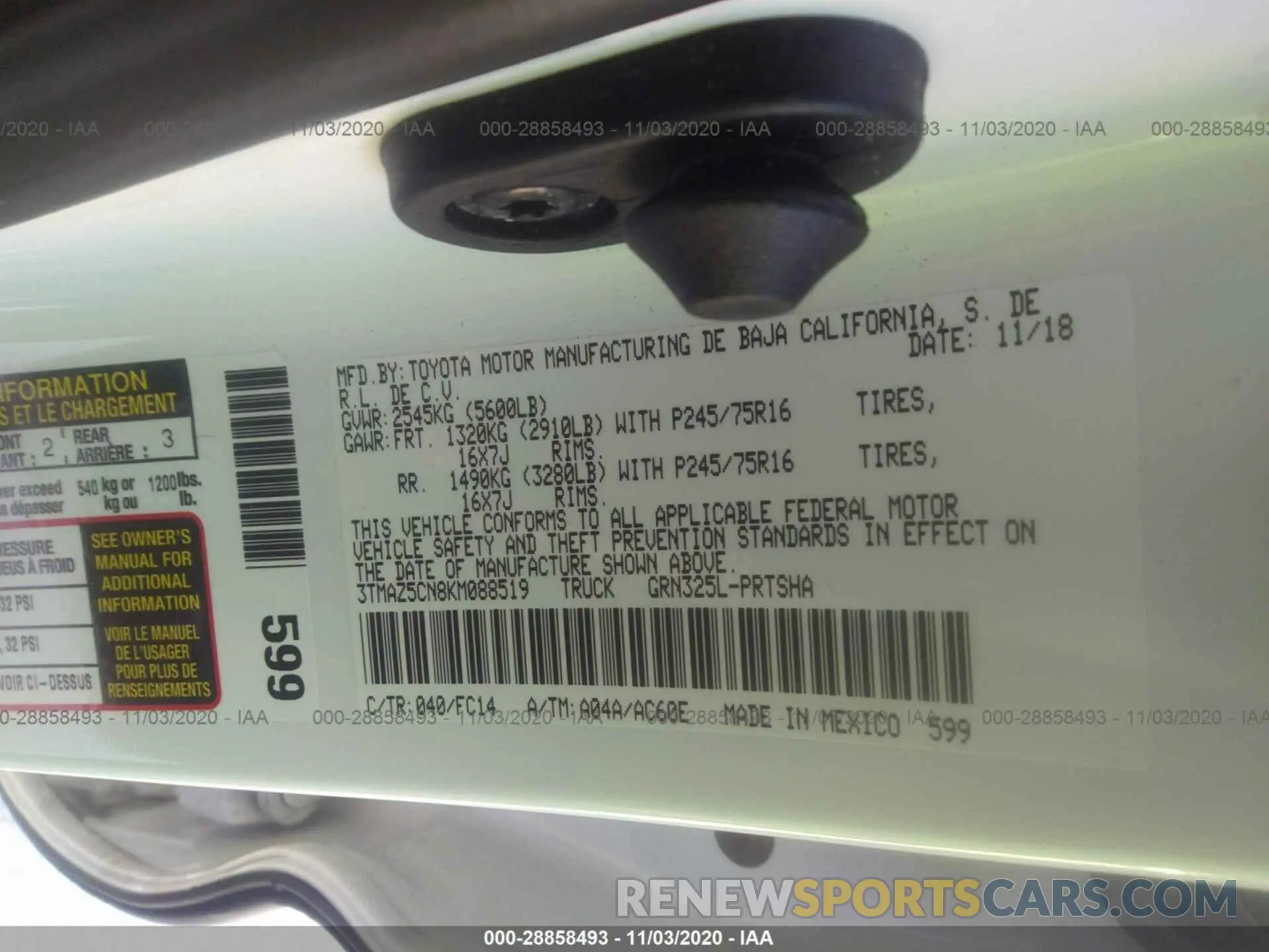 9 Photograph of a damaged car 3TMAZ5CN8KM088519 TOYOTA TACOMA 2WD 2019