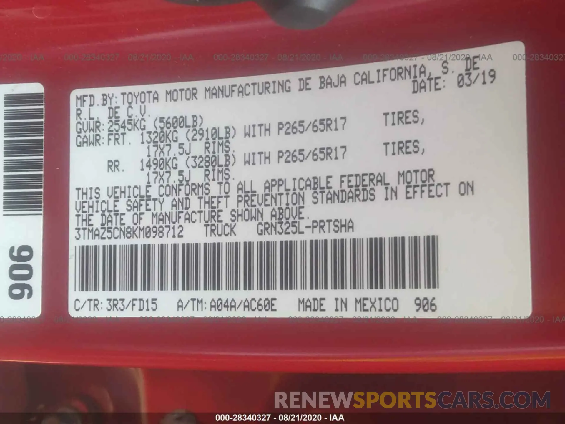 9 Photograph of a damaged car 3TMAZ5CN8KM098712 TOYOTA TACOMA 2WD 2019
