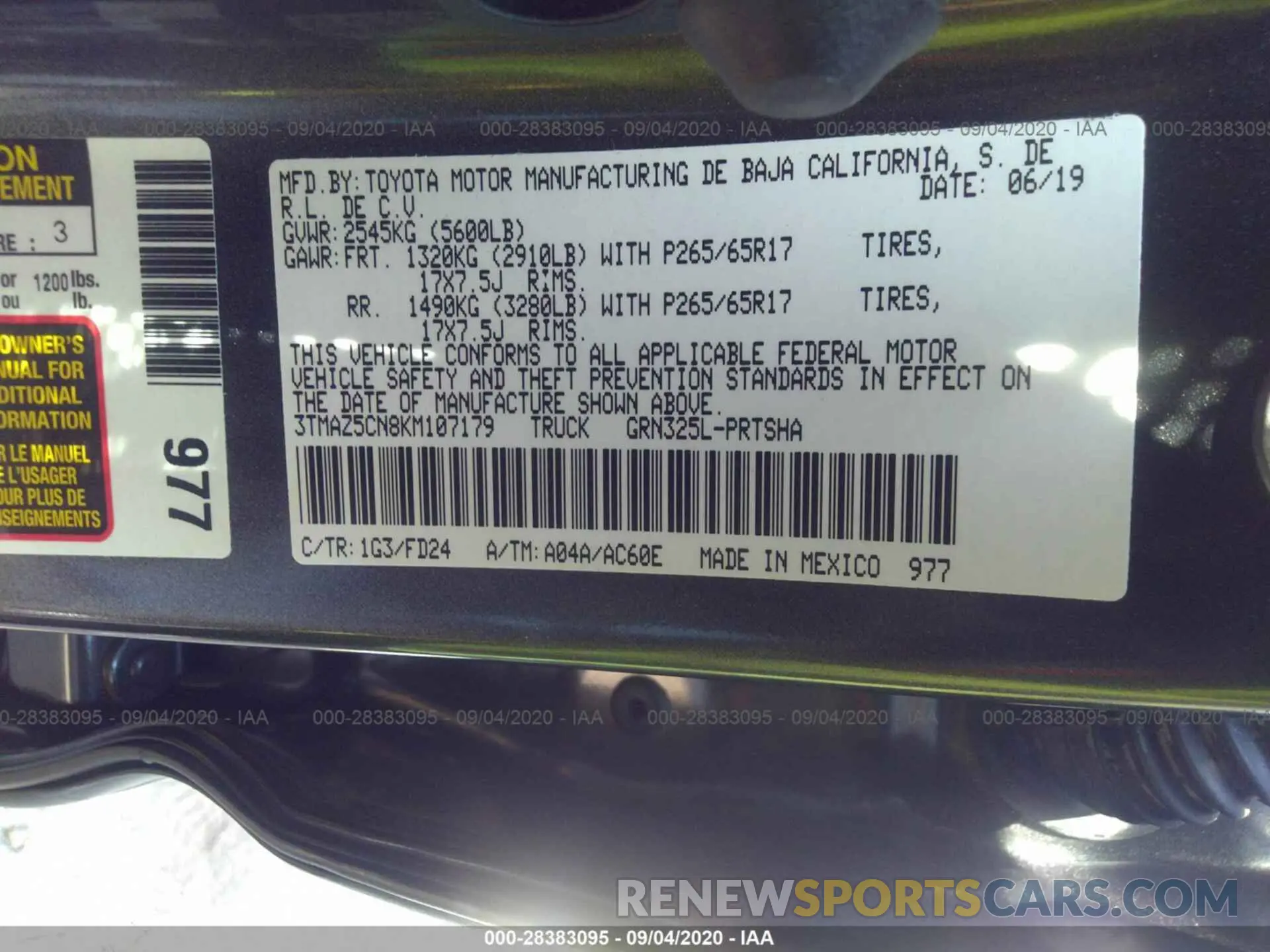9 Photograph of a damaged car 3TMAZ5CN8KM107179 TOYOTA TACOMA 2WD 2019