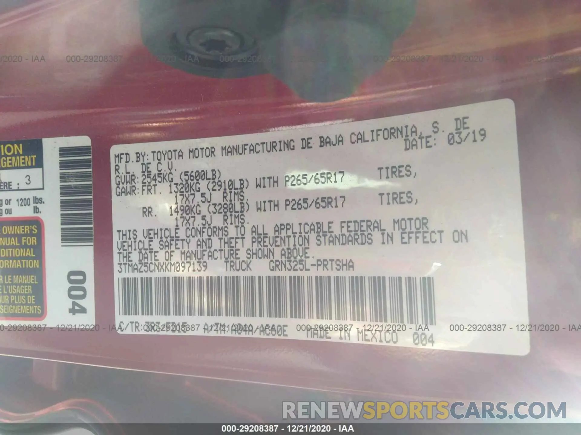 9 Photograph of a damaged car 3TMAZ5CNXKM097139 TOYOTA TACOMA 2WD 2019