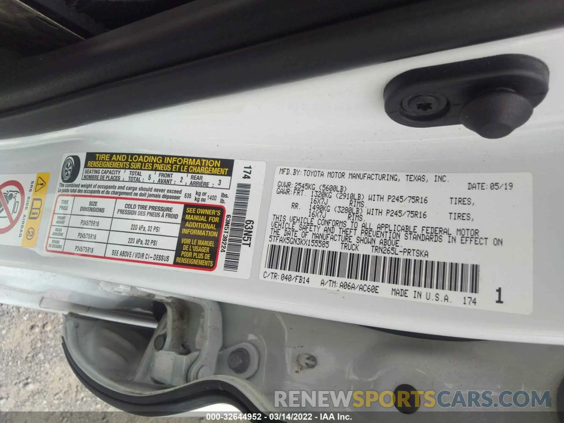 9 Фотография поврежденного автомобиля 5TFAX5GN3KX155585 TOYOTA TACOMA 2WD 2019