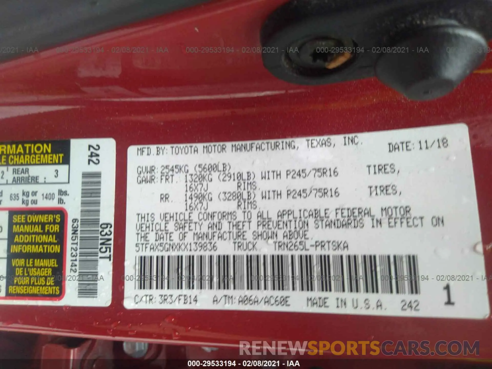 9 Фотография поврежденного автомобиля 5TFAX5GNXKX139836 TOYOTA TACOMA 2WD 2019