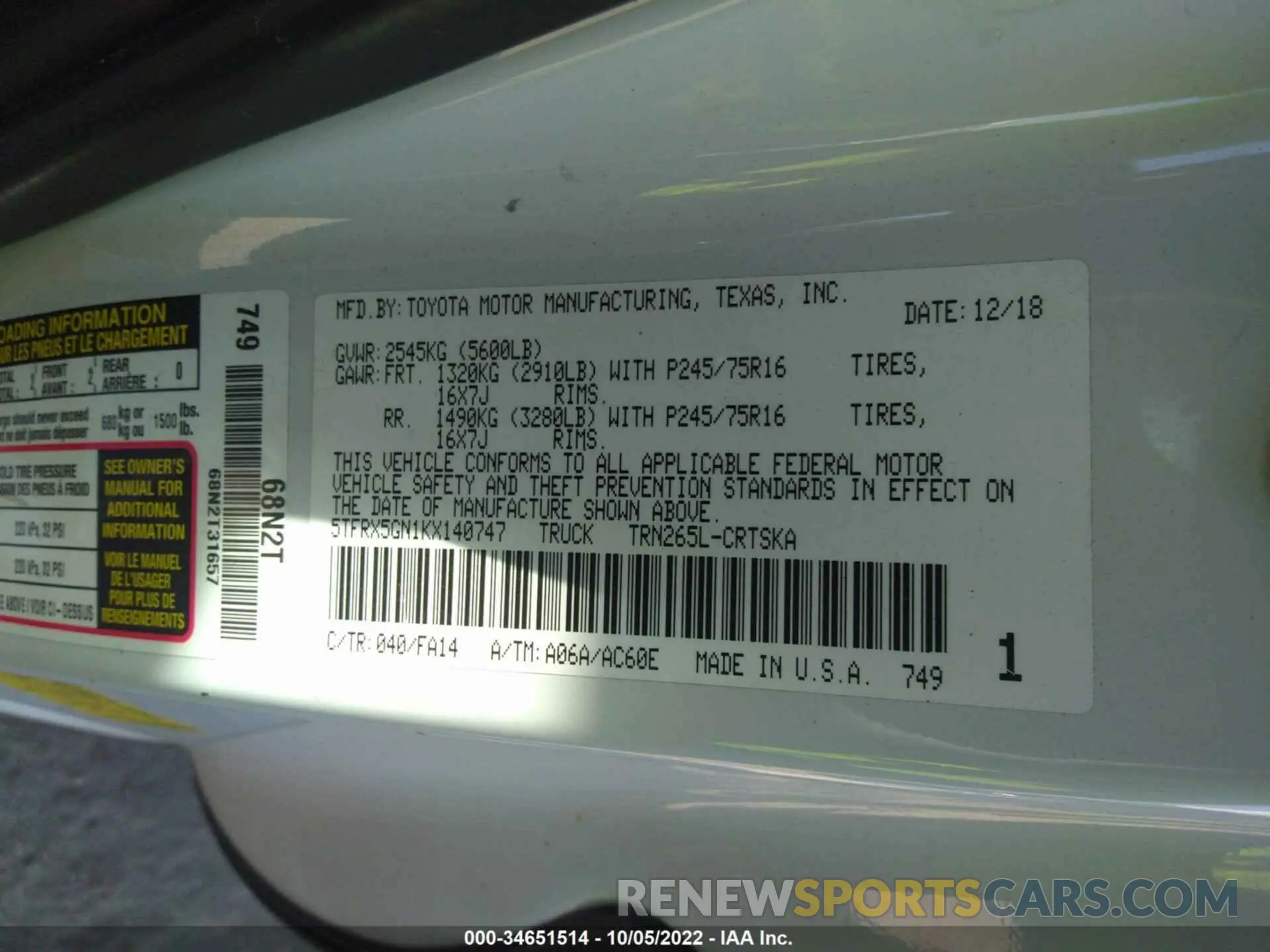 9 Photograph of a damaged car 5TFRX5GN1KX140747 TOYOTA TACOMA 2WD 2019