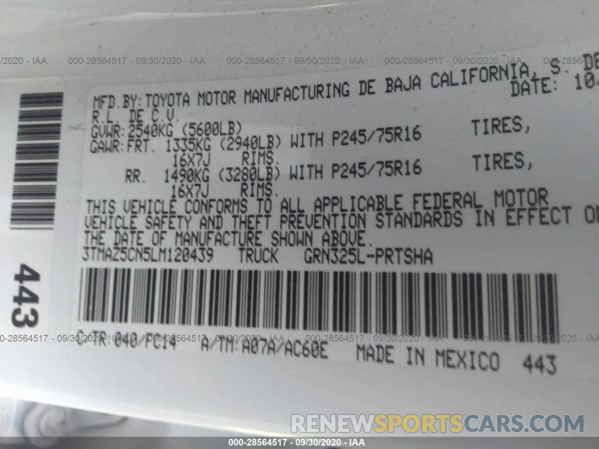 9 Photograph of a damaged car 3TMAZ5CN5LM120439 TOYOTA TACOMA 2WD 2020