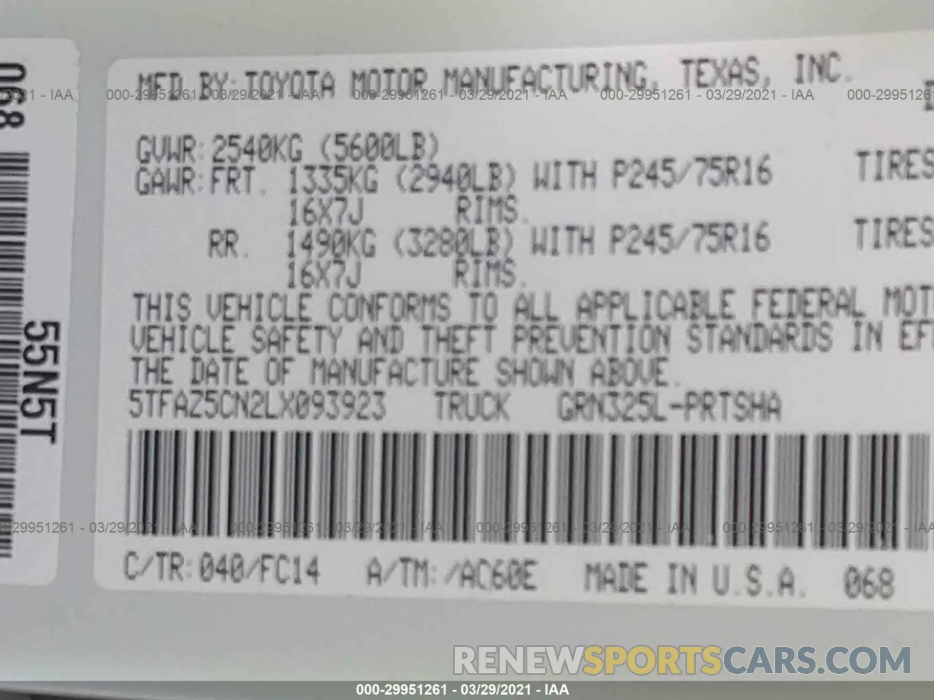 9 Photograph of a damaged car 5TFAZ5CN2LX093923 TOYOTA TACOMA 2WD 2020