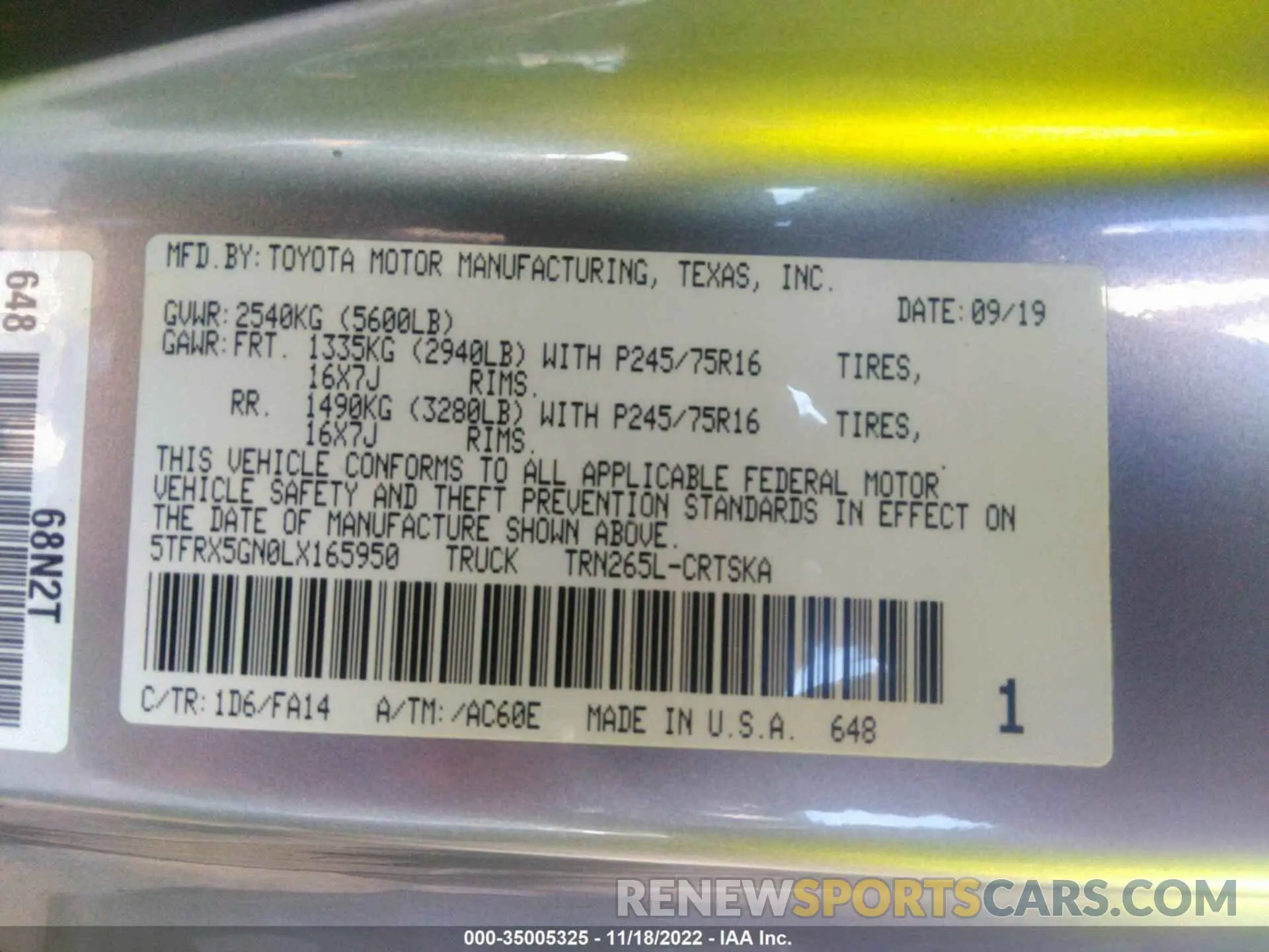 9 Фотография поврежденного автомобиля 5TFRX5GN0LX165950 TOYOTA TACOMA 2WD 2020