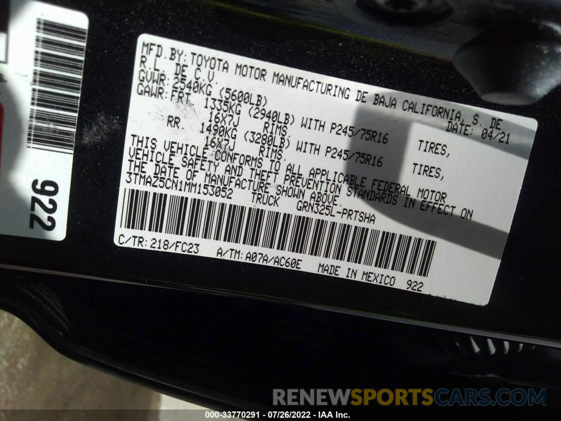 9 Фотография поврежденного автомобиля 3TMAZ5CN1MM153052 TOYOTA TACOMA 2WD 2021
