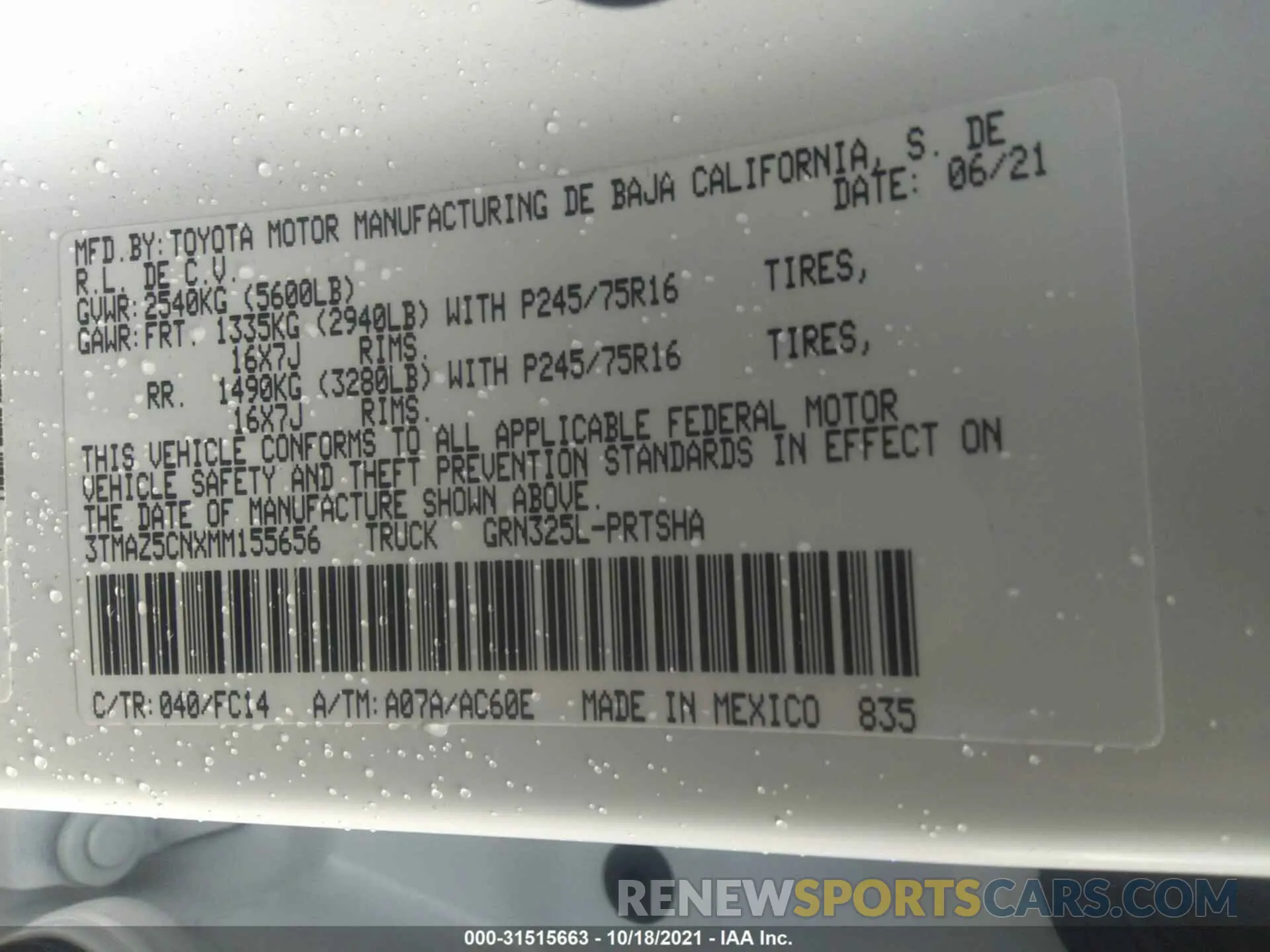 9 Photograph of a damaged car 3TMAZ5CNXMM155656 TOYOTA TACOMA 2WD 2021