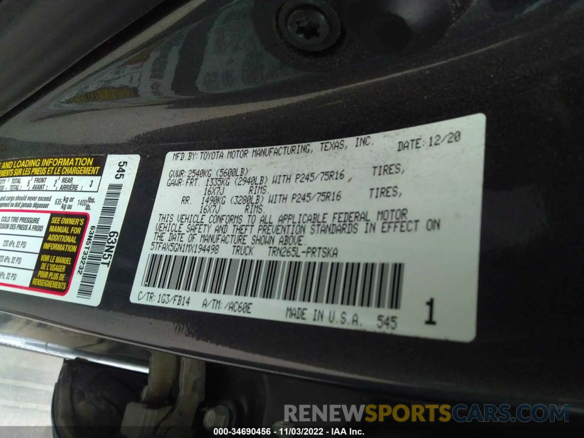 9 Фотография поврежденного автомобиля 5TFAX5GN1MX194498 TOYOTA TACOMA 2WD 2021