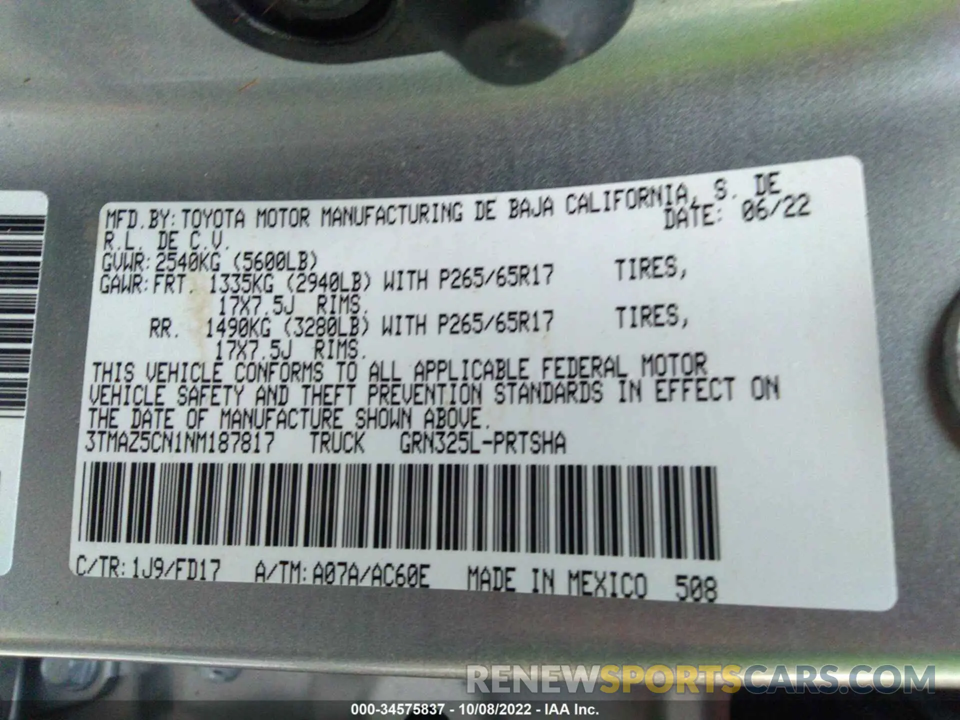 9 Фотография поврежденного автомобиля 3TMAZ5CN1NM187817 TOYOTA TACOMA 2WD 2022