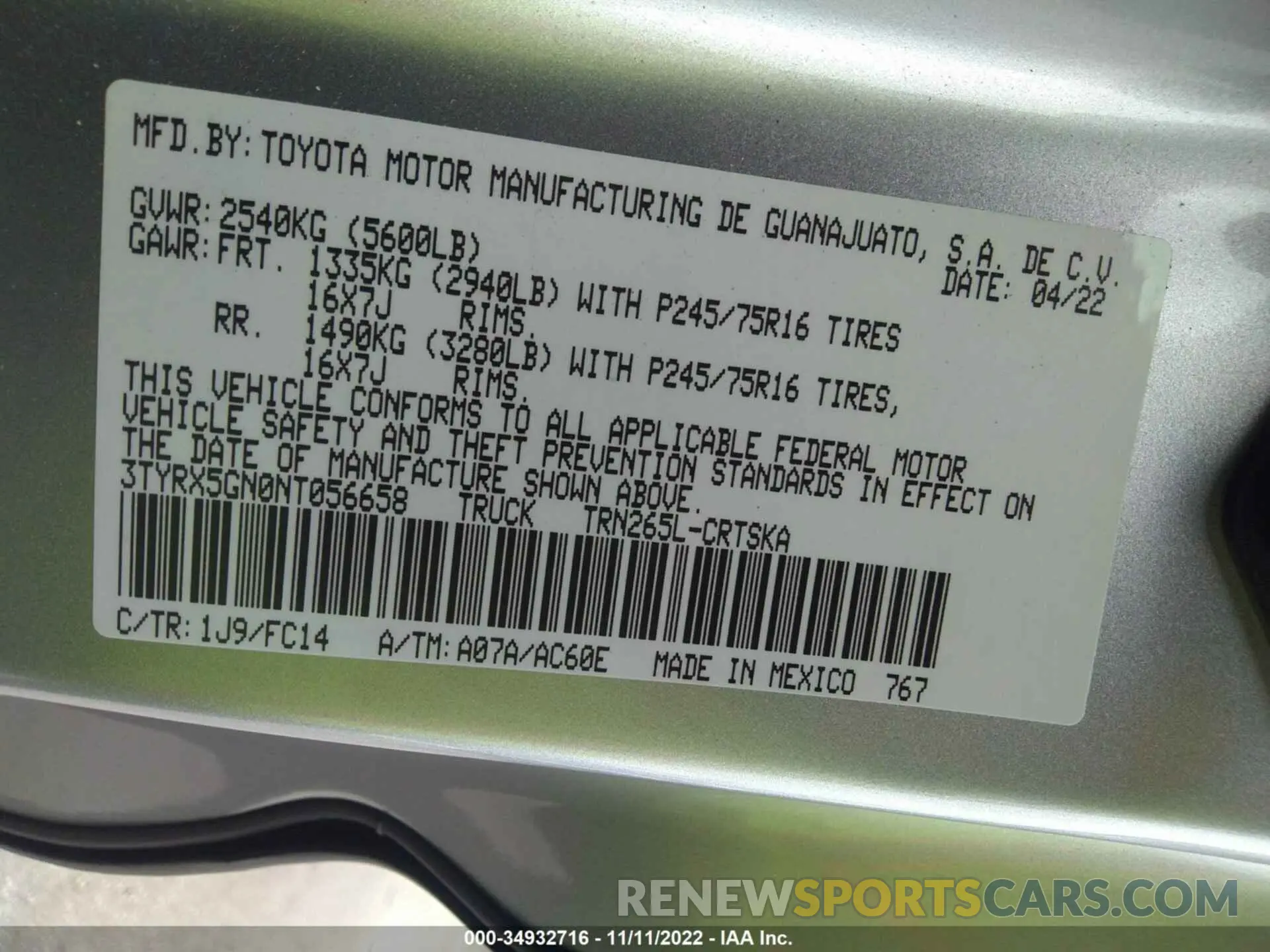 9 Фотография поврежденного автомобиля 3TYRX5GN0NT056658 TOYOTA TACOMA 2WD 2022