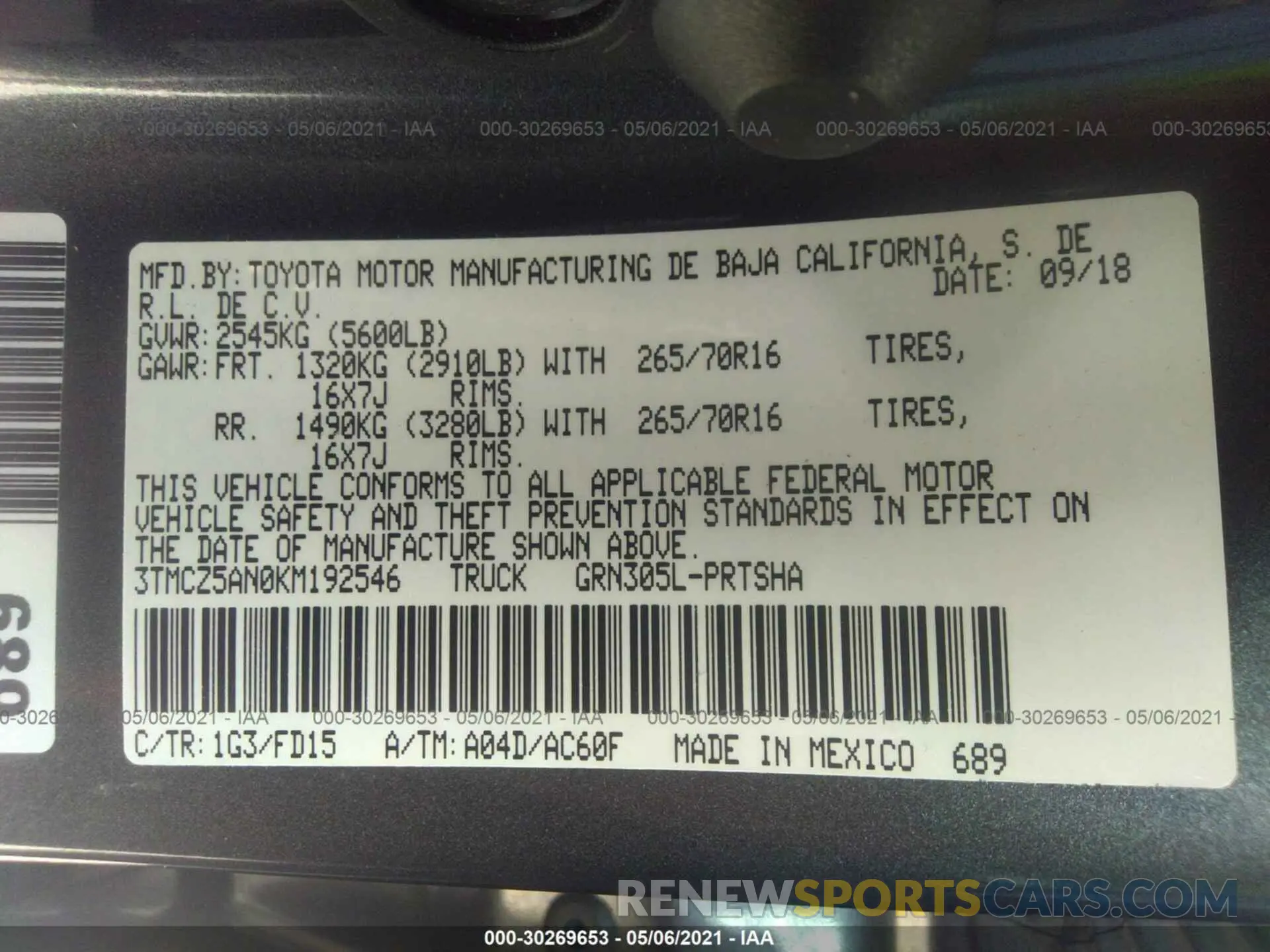 9 Photograph of a damaged car 3TMCZ5AN0KM192546 TOYOTA TACOMA 4WD 2019