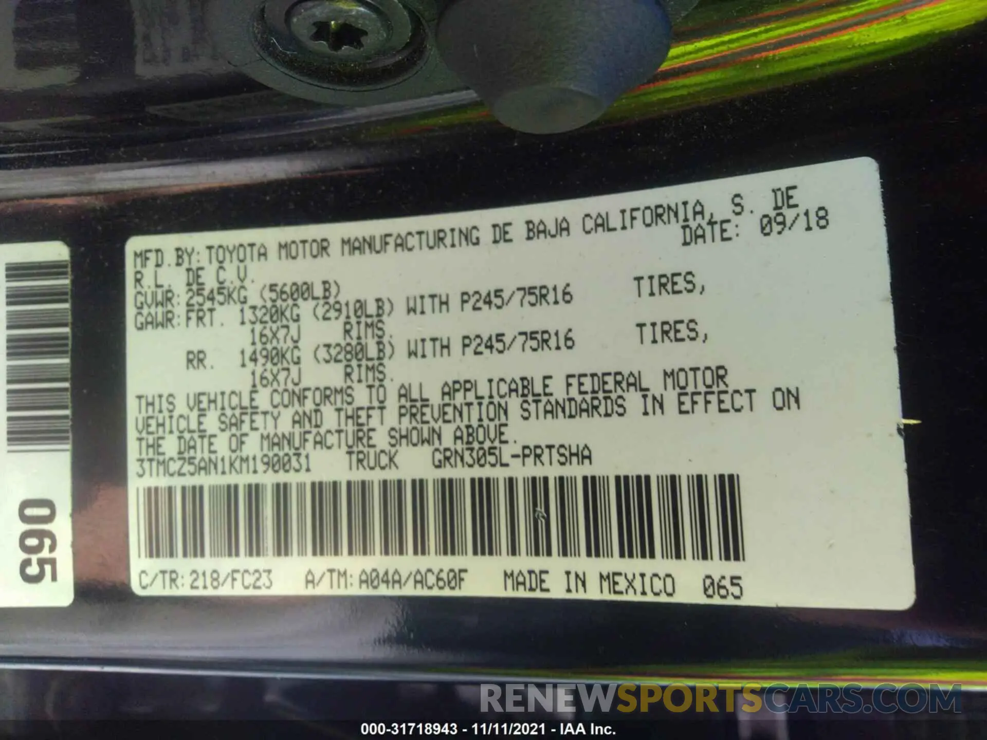 9 Photograph of a damaged car 3TMCZ5AN1KM190031 TOYOTA TACOMA 4WD 2019