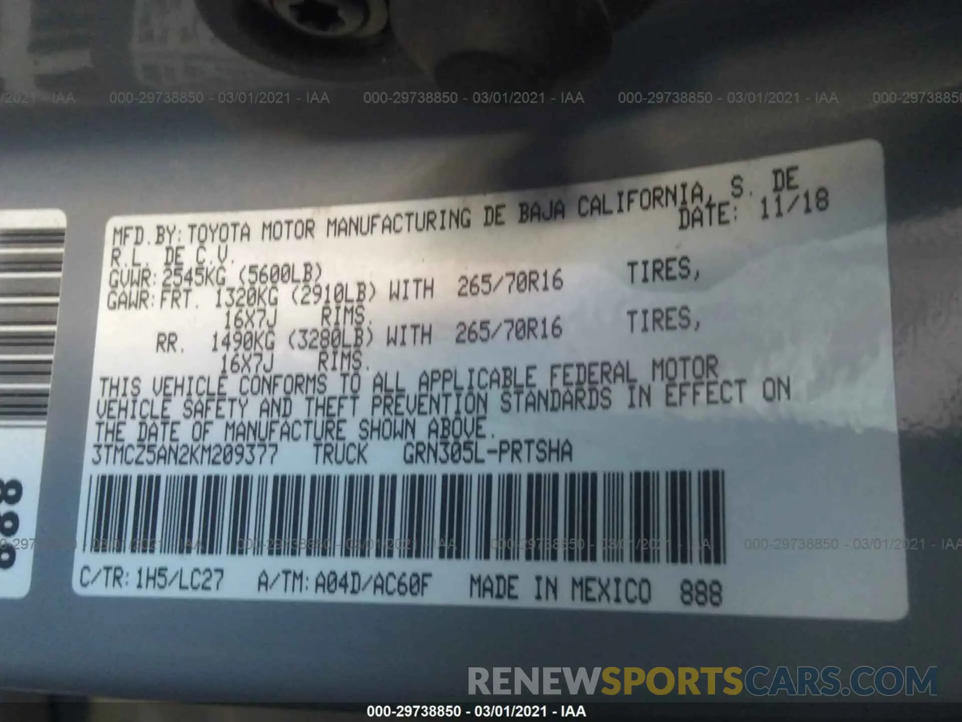 9 Photograph of a damaged car 3TMCZ5AN2KM209377 TOYOTA TACOMA 4WD 2019