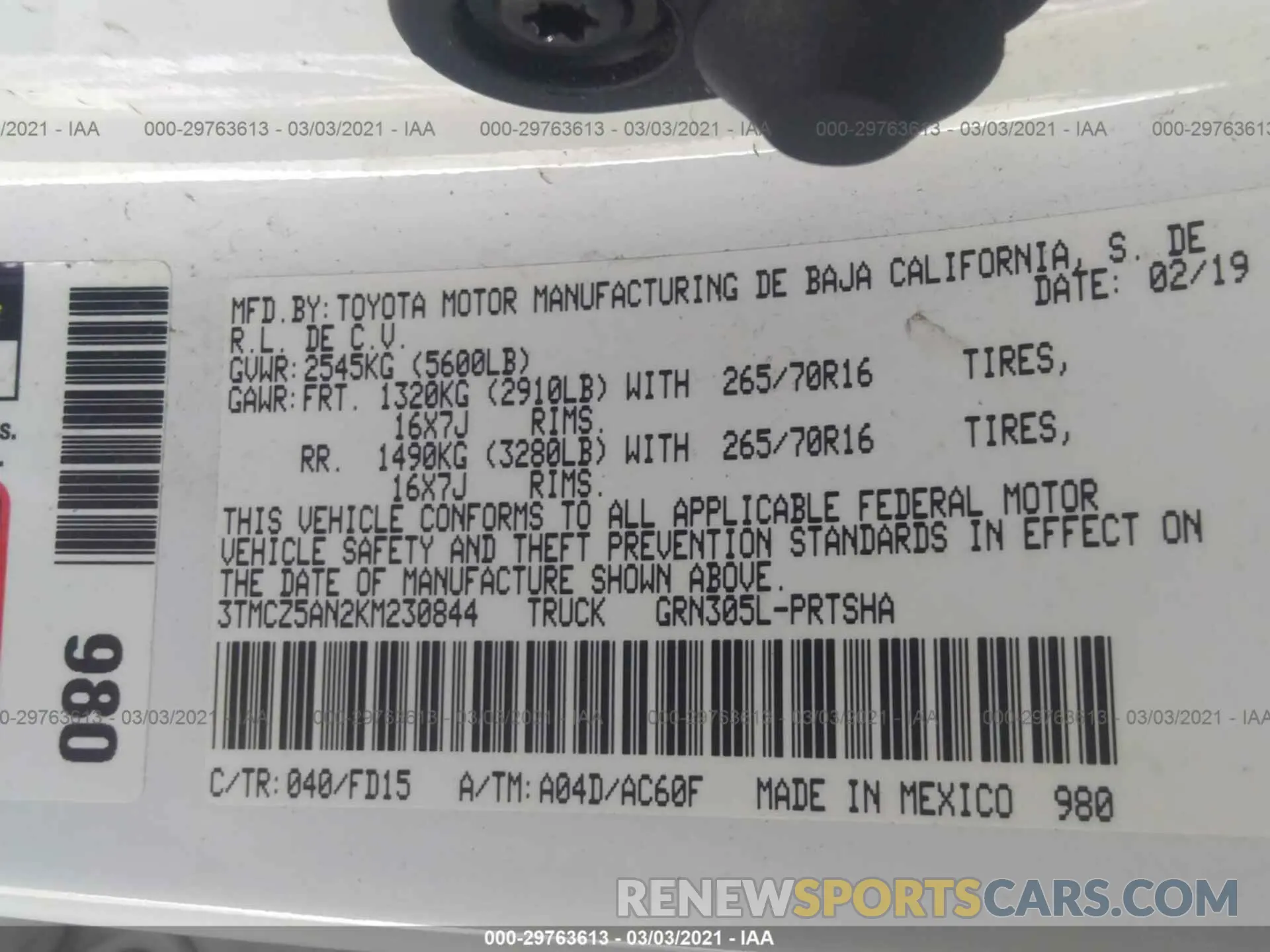9 Photograph of a damaged car 3TMCZ5AN2KM230844 TOYOTA TACOMA 4WD 2019