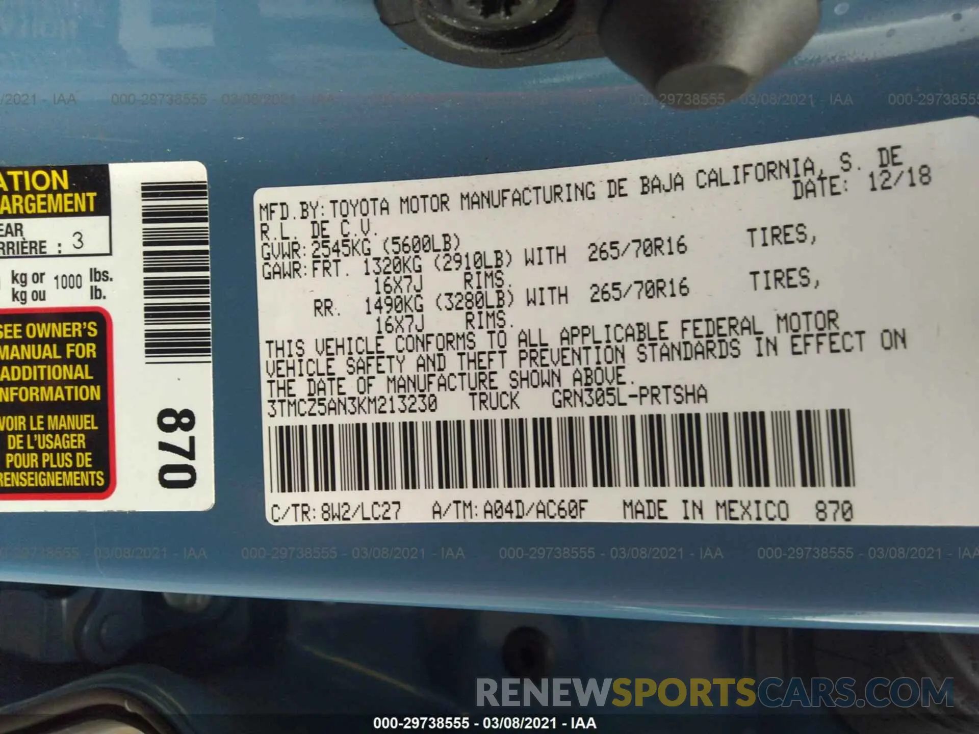9 Photograph of a damaged car 3TMCZ5AN3KM213230 TOYOTA TACOMA 4WD 2019