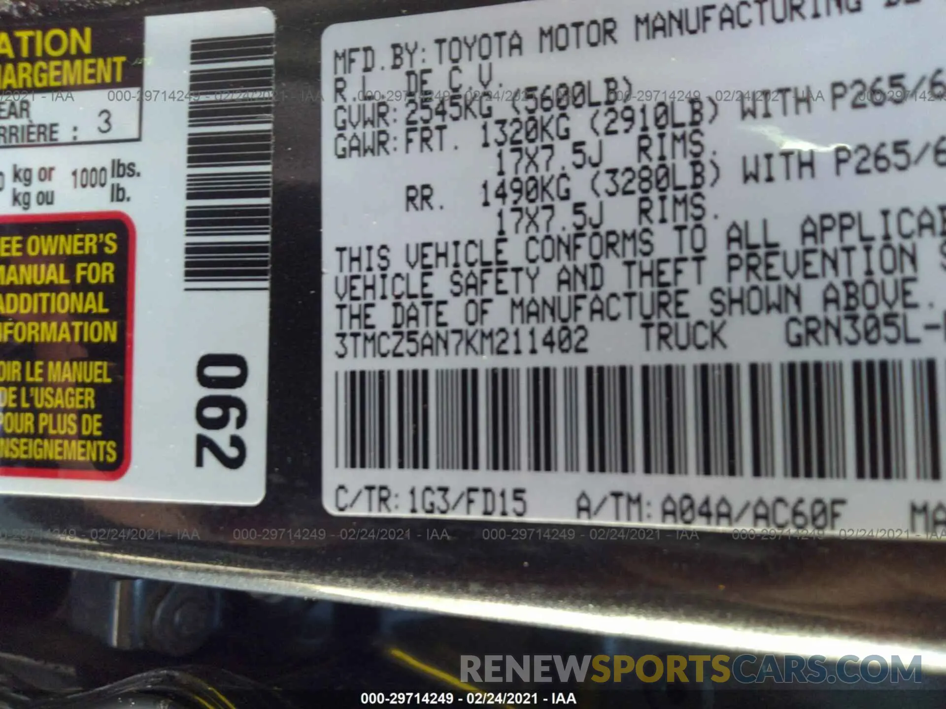 9 Photograph of a damaged car 3TMCZ5AN7KM211402 TOYOTA TACOMA 4WD 2019