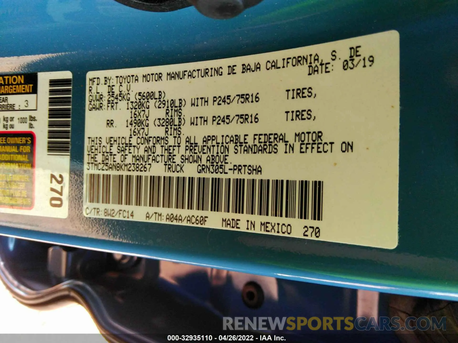 9 Photograph of a damaged car 3TMCZ5AN8KM238267 TOYOTA TACOMA 4WD 2019
