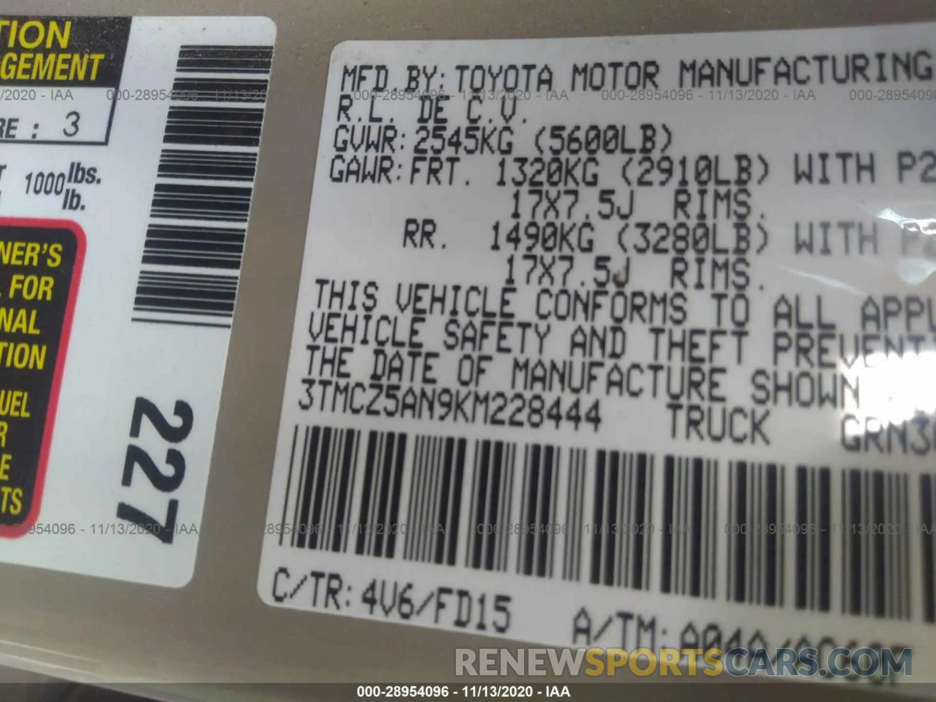 9 Photograph of a damaged car 3TMCZ5AN9KM228444 TOYOTA TACOMA 4WD 2019