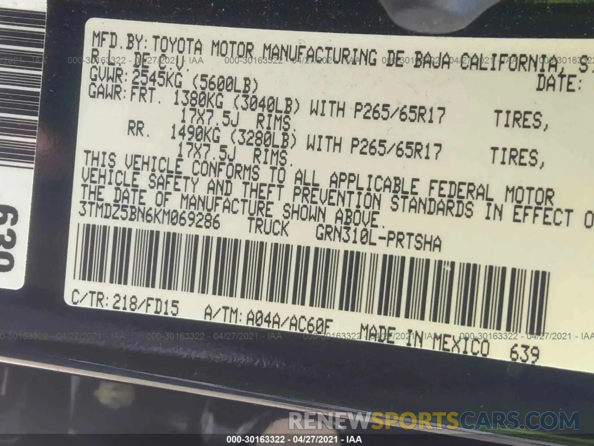 9 Фотография поврежденного автомобиля 3TMDZ5BN6KM069286 TOYOTA TACOMA 4WD 2019