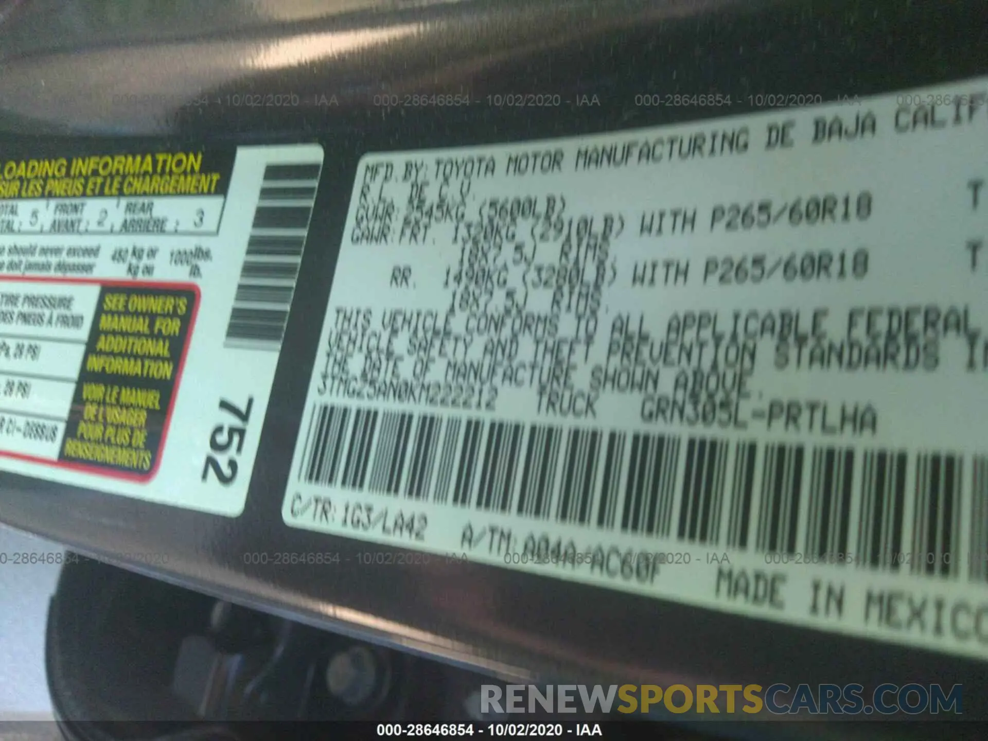 9 Photograph of a damaged car 3TMGZ5AN0KM222212 TOYOTA TACOMA 4WD 2019