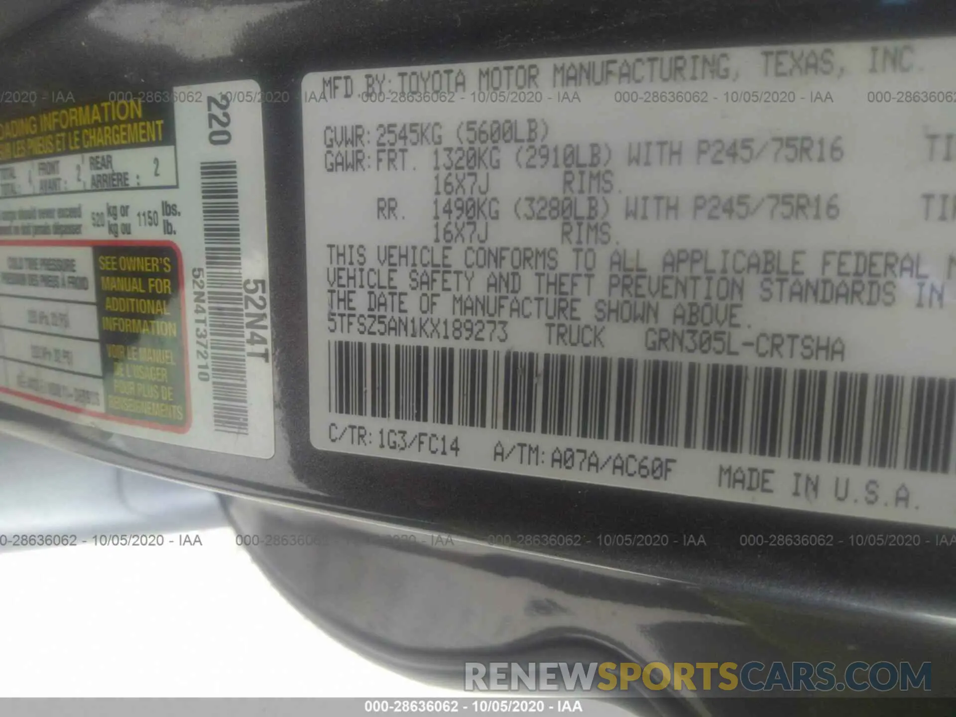 9 Photograph of a damaged car 5TFSZ5AN1KX189273 TOYOTA TACOMA 4WD 2019