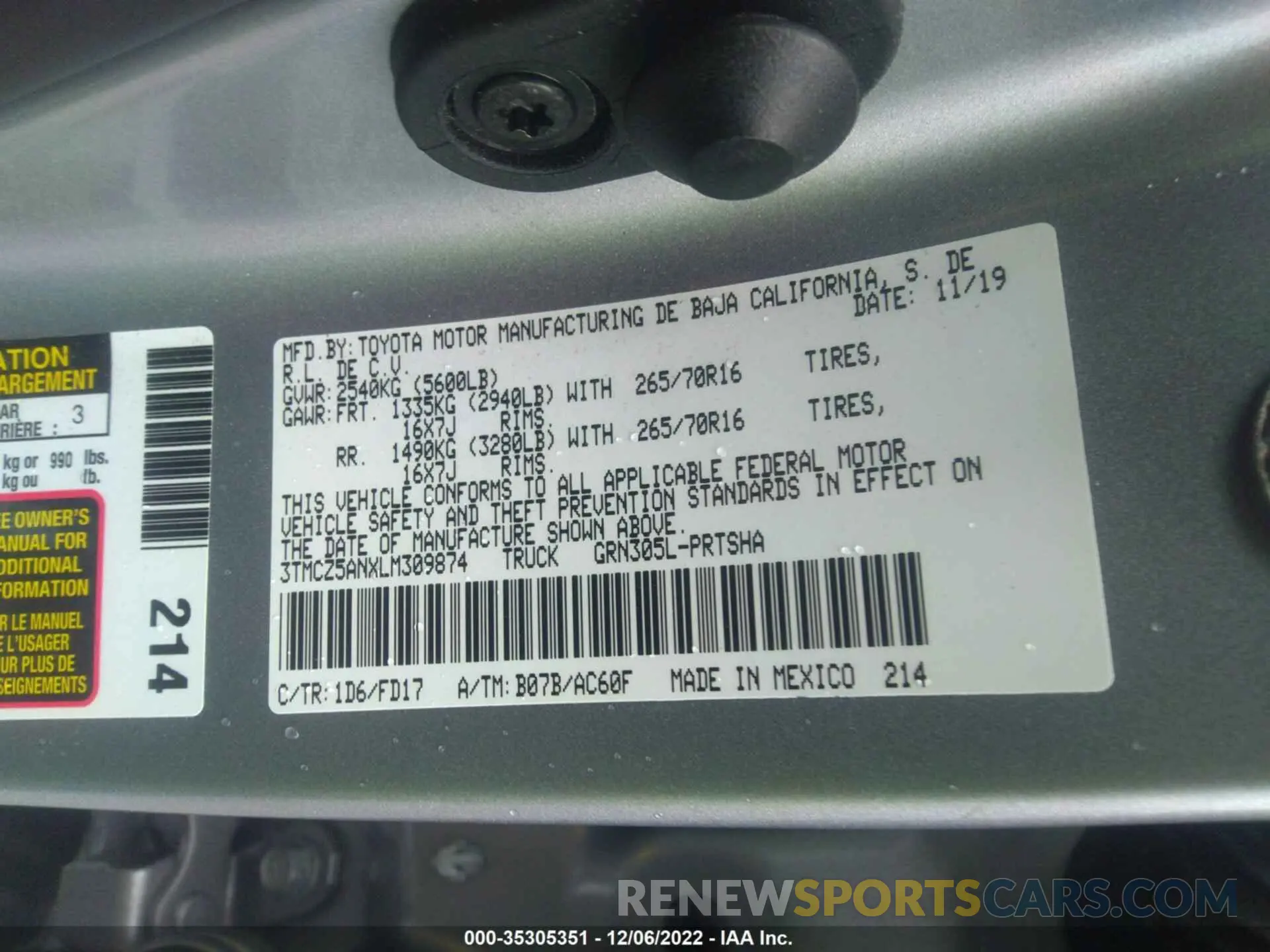 9 Фотография поврежденного автомобиля 3TMCZ5ANXLM309874 TOYOTA TACOMA 4WD 2020