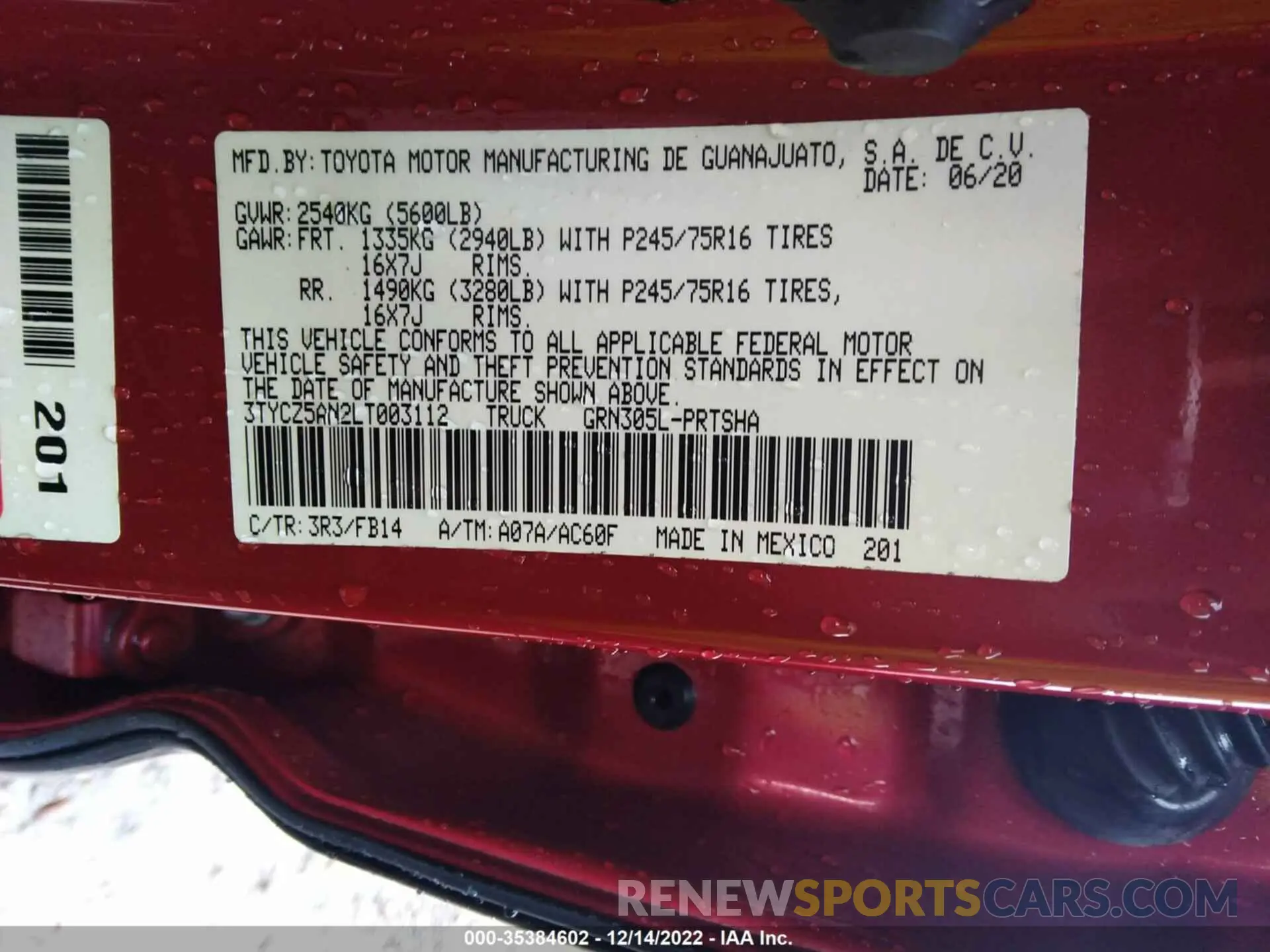 9 Фотография поврежденного автомобиля 3TYCZ5AN2LT003112 TOYOTA TACOMA 4WD 2020