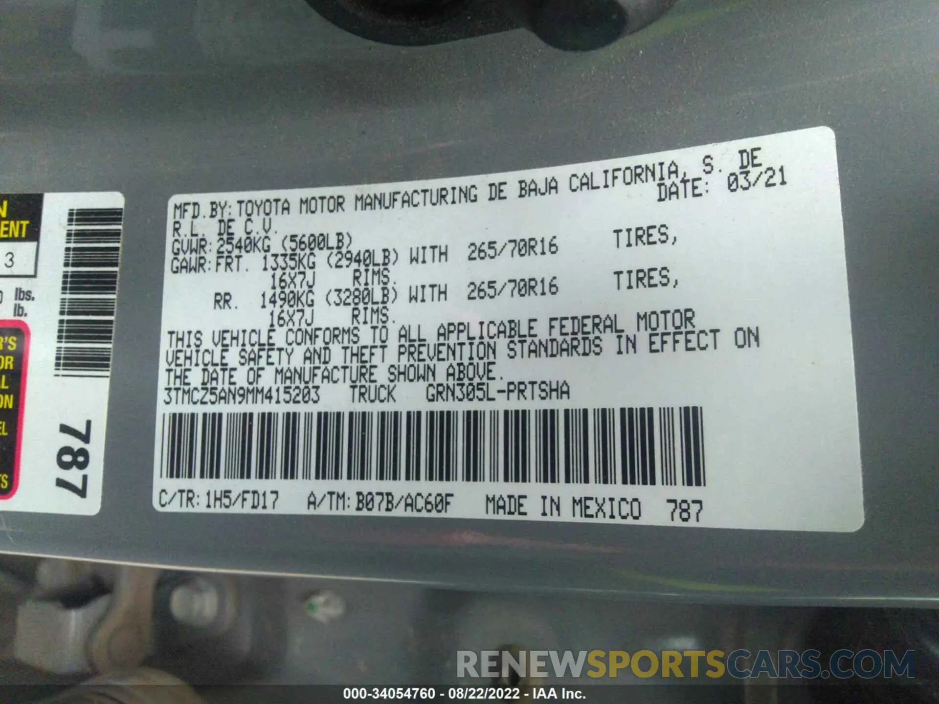 9 Фотография поврежденного автомобиля 3TMCZ5AN9MM415203 TOYOTA TACOMA 4WD 2021